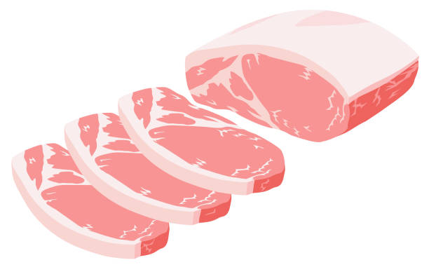 ilustraciones, imágenes clip art, dibujos animados e iconos de stock de trozos y rebanadas de carne de cerdo cruda sobre fondo blanco - pork chop illustrations