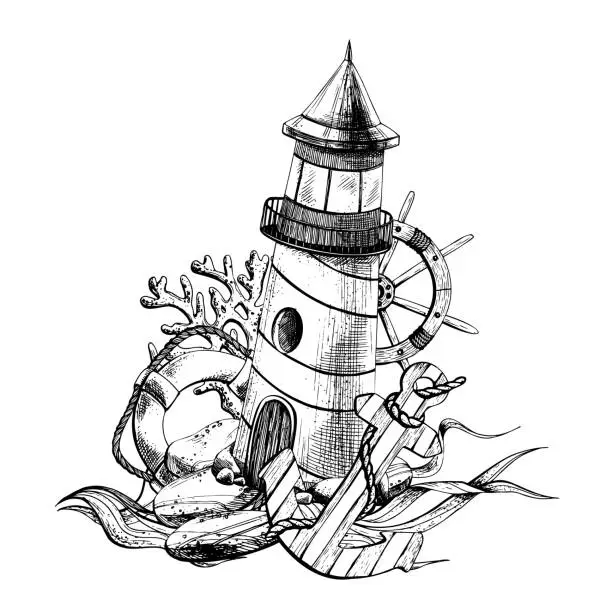 Vector illustration of Marine lighthouse with anchor, lifebuoy, ship's wheel, corals, algae. Graphic illustration, hand drawn black and white. EPS vector. Isolated composition on a white background.