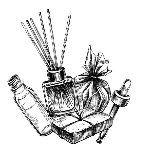 Vector illustration of Aroma diffuser, bath bomb, handmade soap, serum with dropper. Graphic illustration, hand drawn in black and white. EPS vector. Isolated object on a white background.