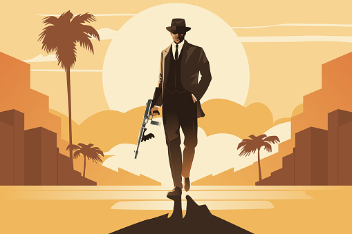 Armed Gangster Wearing Stylish Three-Piece Suit. Palms of Los Angeles at Dawn in the Background.