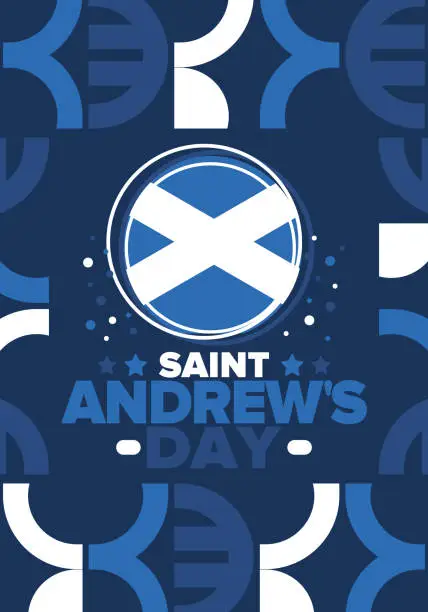 Vector illustration of Saint Andrew's Day in Scotland. National day in Scotland. Happy holiday Andermas, celebrated annual in November 30. Scottish flag. Patriotic elements. Poster, card, banner and background. Vector