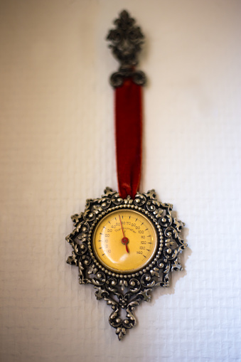 France: Ornate Antique Thermometer (in Fahrenheit) Hanging on Wall
