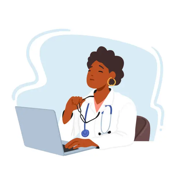 Vector illustration of Dedicated Female Doctor Character Focused On Patient Care, She Works On Her Laptop, Ensuring Accurate Records