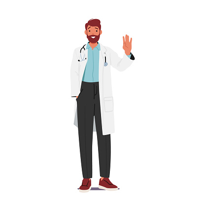 Confident Male Doctor Character Wear Lab Coat Standing With A Friendly Waving Hand Gesture, Exuding Professionalism And Approachability Isolated on White Background. Cartoon People Vector Illustration