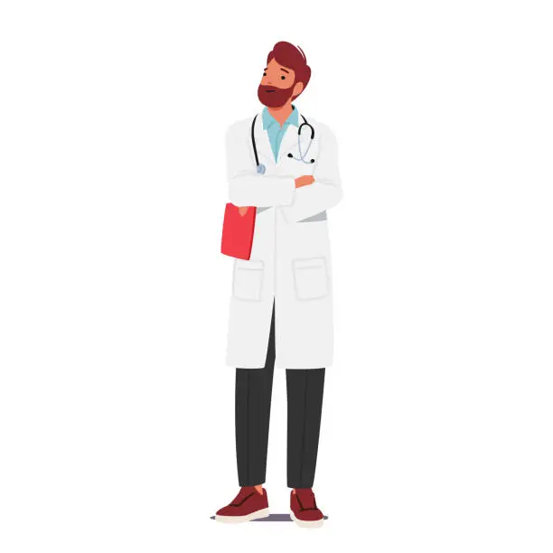 Vector illustration of Confident Male Doctor Character Standing With Crossed Arms, Displaying Professionalism, Authority, Expertise, Knowledge