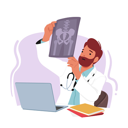 Professional Male Doctor Character Utilizing A Laptop To Analyze An X-ray Image. Demonstrating Expertise And Modern Technology In Medical Diagnostics. Cartoon People Vector Illustration