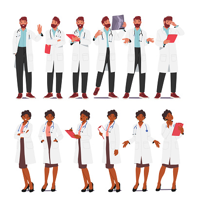 Male And Female Doctor Characters Dedicated To Providing Medical Care, Expertise And Support To Patients. They Work Tirelessly To Diagnose, Treat And Improve Health. Cartoon People Vector Illustration
