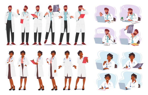 illustrazioni stock, clip art, cartoni animati e icone di tendenza di professionisti medici personaggi maschili e femminili che forniscono assistenza, diagnosi e trattamento esperti ai pazienti - white background nurse occupation people