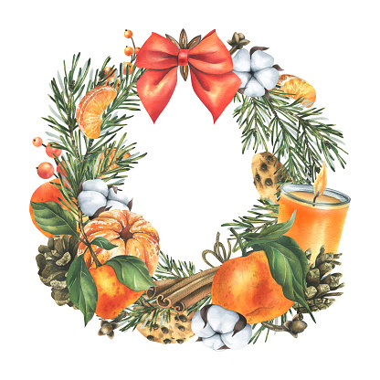 Tangerines with bow, cotton, pine branches and cones, sweets, candle and spices. Watercolor illustration hand drawn for Christmas decor. Round wreath isolated on white background