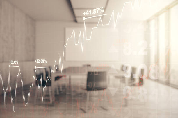 istock Abstract virtual financial graph hologram on a modern conference room background, forex and investment concept. Multiexposure 1497682333