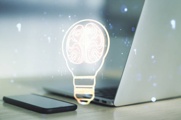 istock Creative idea concept with light bulb and human brain illustration on modern laptop background. Neural networks and machine learning concept. Multiexposure 1497682380