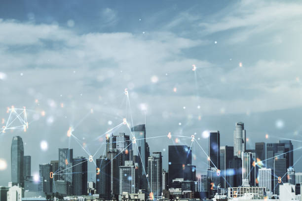 istock Abstract virtual wireless technology hologram on Los Angeles skyline background. Big data and database concept. Multiexposure 1497682403