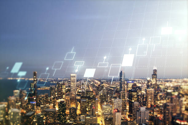 istock Multi exposure of virtual creative financial chart hologram on Chicago skyscrapers background, research and analytics concept 1497682416