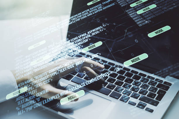 istock Double exposure of abstract programming language hologram with hands typing on laptop on background, research and development concept 1497682439