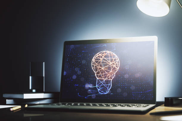 istock Modern computer monitor with creative light bulb hologram, research and development concept. 3D Rendering 1497682502