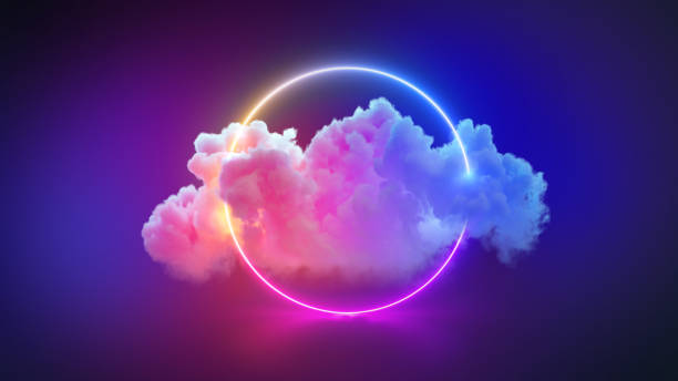 istock 3d render, abstract geometric background of colorful illuminated cloud and glowing neon linear circle 1497686795