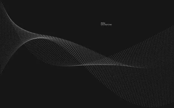 Vector illustration of Grey dots in motion vector abstract background over black, particles array wavy flow, curve lines of points in movement, technology and science illustration.