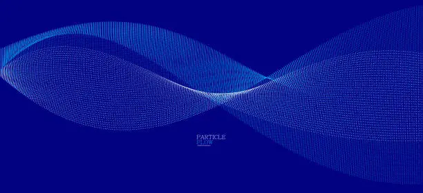 Vector illustration of Dark blue abstract background, vector wave of flowing particles, curvy lines of dots in motion, technology and science theme, airy and ease futuristic illustration.