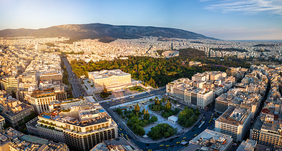 A view of Mount Lycabettus, from the high vantage point of the Acropolis, seen across part of the modern cityscape.