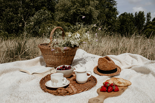 Picnic arranged in beautiful nature. A blanket is laid in the wonderful grass, on which there are a basket of flowers, a hat, a book, coffee cups, a croissant... it just creates an idyllic atmosphere.