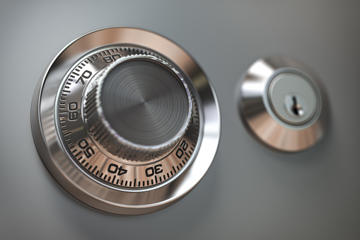 Safe combination lock wheel with space for text. 3d illustration