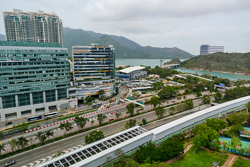 Hon Kong, China - April 14, 2023: aerial view of Citigate Outlets, a popular shopping destination in Tung Chung.