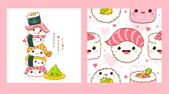 Set of seamless pattern and one print with cute sushi and roll in kawaii style. Endless texture can be used for textile pattern fills, t-shirt design, web page background. Vector illustration EPS8