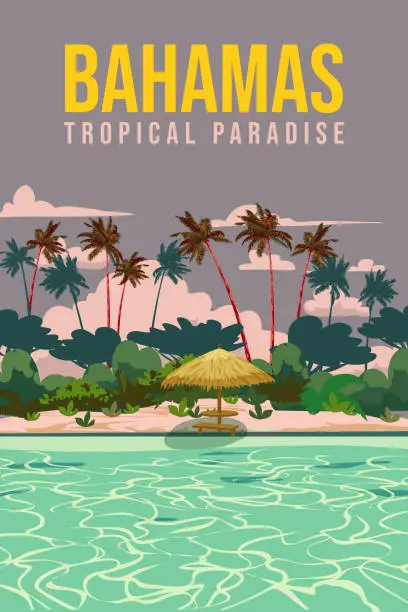 Vector illustration of Travel poster Bahamas vintage. Paradise resort