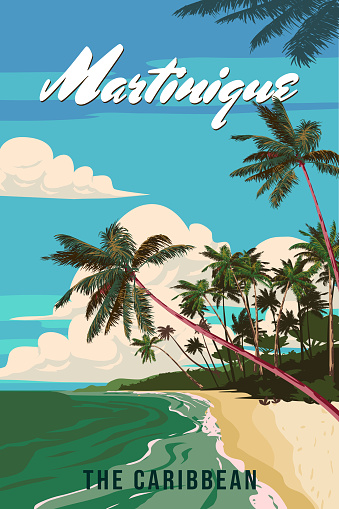 Retro Travel poster Martinique tropical island resort vintage. Beach coast, palms, straw hut, ocean, coast. Paradise resort, illustration vector postcard