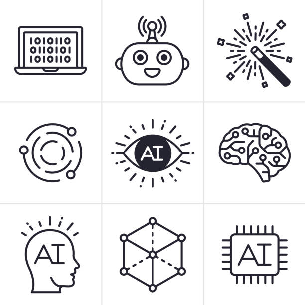 ilustraciones, imágenes clip art, dibujos animados e iconos de stock de iconos y símbolos de ia de inteligencia artificial - chat gpt