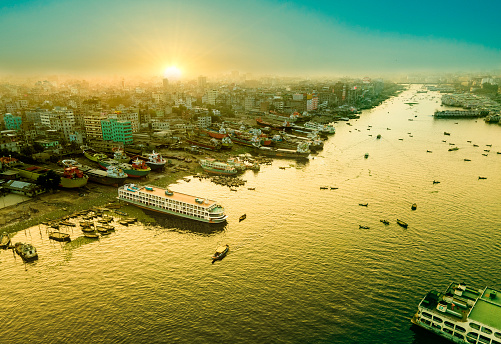 Dramatic drone view of Dhaka City Sadarghat Launch Terminal