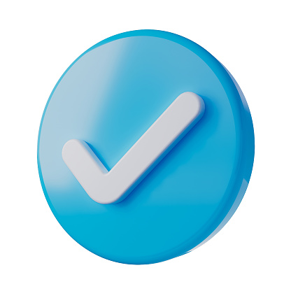 Blue Tick 3D Icon. Right, Approval Sign rounded icon 3D Illustration