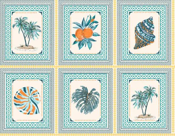 Vector illustration of Vintage  Nostalgic summer beach vacation Retro Scarf  mood summer vibes, palm tree, orange,Sea shell Vacation  seamless pattern