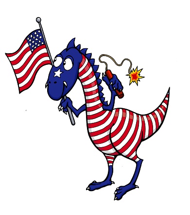 This illustration features a patriotic dinosaur in red white and blue holding a US flag.