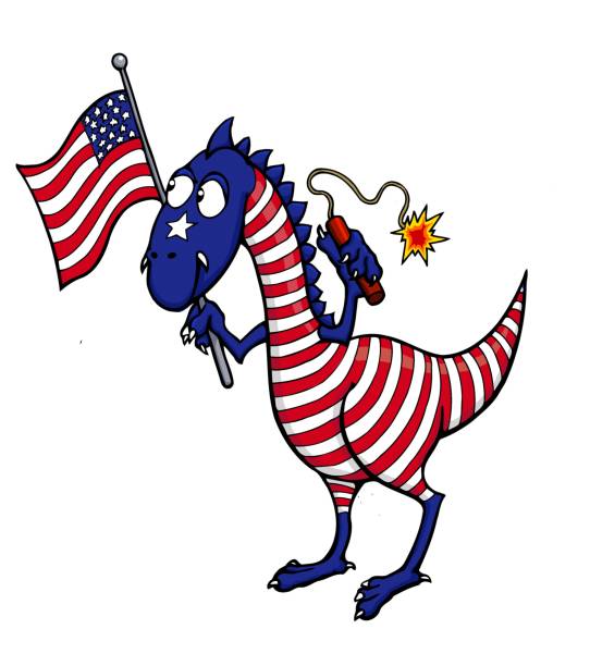 patriotic dinosaur, fourth of July dino This illustration features a patriotic dinosaur in red white and blue holding a US flag. dinosaur rawr stock illustrations