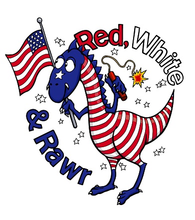 This illustration features a patriotic dinosaur in red white and blue holding a US flag with the words red white and rawr.