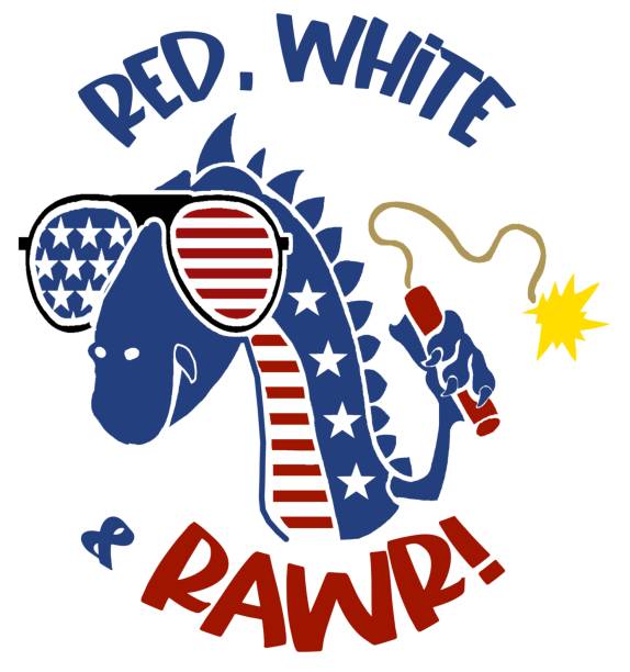 patriotic dino with sunglasses, red white and rawr This cut file features a red white and blue dinosaur sporting sunglasses with the text red white and blue. dinosaur rawr stock illustrations