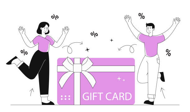 People with gift card People with gift card. Man and woman near voucher or coupon. Ecommerce and internet marketing. Special offer and loyalty program, bonuses and prizes for customers. Cartoon flat vector illustration fidelity investments stock illustrations