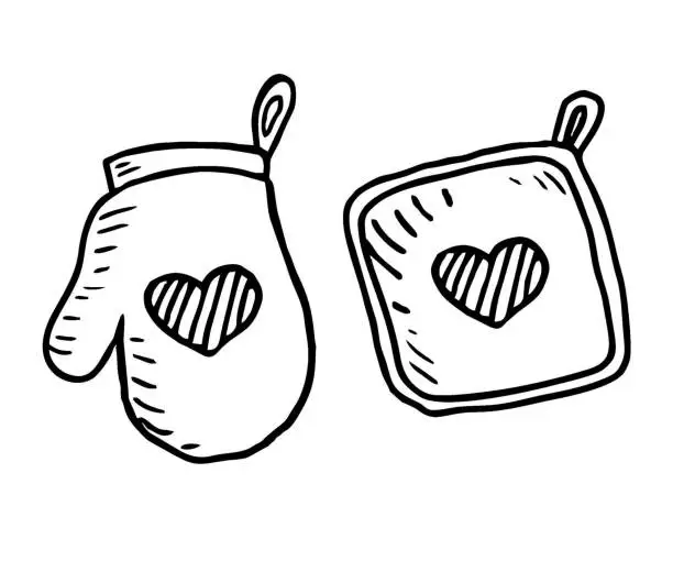 Vector illustration of Hand drawn oven glove and potholder