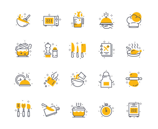 zestaw kolorów ikon gotowania - spoon vegetable fork plate stock illustrations