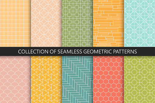 Collection of bright seamless ornamental geometric patterns. Repeatable symmetry vibrant backgrounds. Grid textures - decorative outline prints.