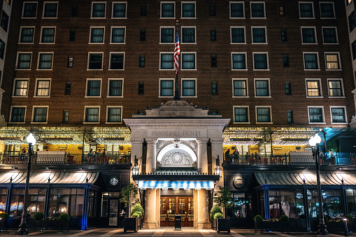 Grand Rapids, Michigan, June 9, 2023: The historic Pantlind Hotel, now part of Amway Grand Plaza Hotel.