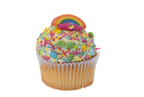 LGBT cupcake with rainbow colored decorations - white background