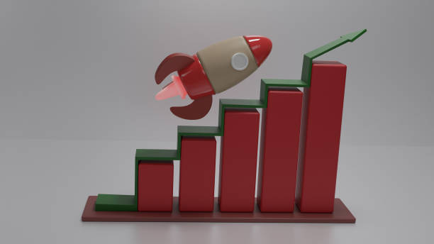 istock 3d Rendered Red Graph in empty room representing growth with green arrow under the faster rocket. Graph and bars with free space 1497703788