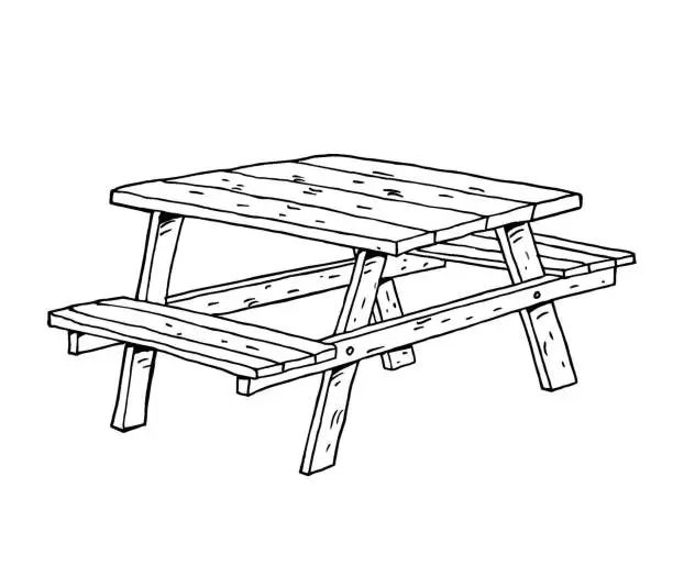 Vector illustration of Hand drawn wooden picnic table