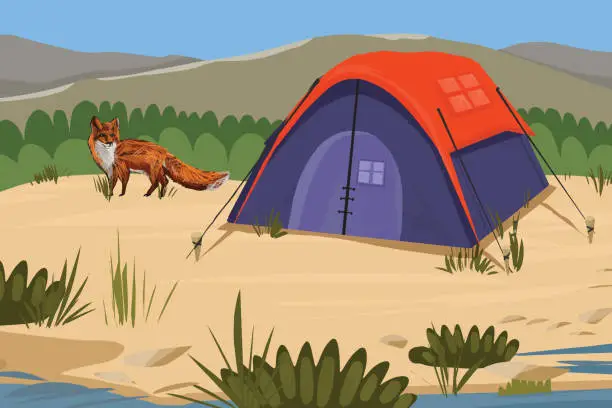 Vector illustration of Exciting camping site with wildlife