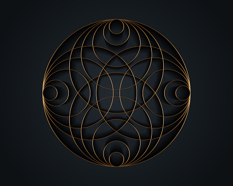 Gold Luxury Sacred Mandala template. Round design element isolated on black background. Circle pattern in golden color. Vector illustration for logo, monogram, web-design, decoration, business