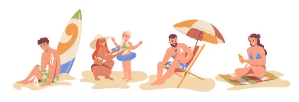 Vector illustration of Set of people characters applying sunscreen cosmetics to protect from sun while rest on sand beach