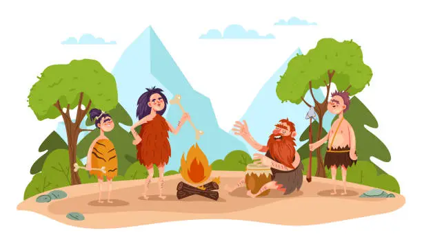 Vector illustration of Stone age primitive prehistoric ancient family concept. Vector graphic design illustration