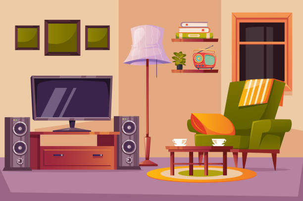 wohnzimmer haus mit tv-innenhauskonzept. grafische illustration des vektordesigns - photo realism stock-grafiken, -clipart, -cartoons und -symbole